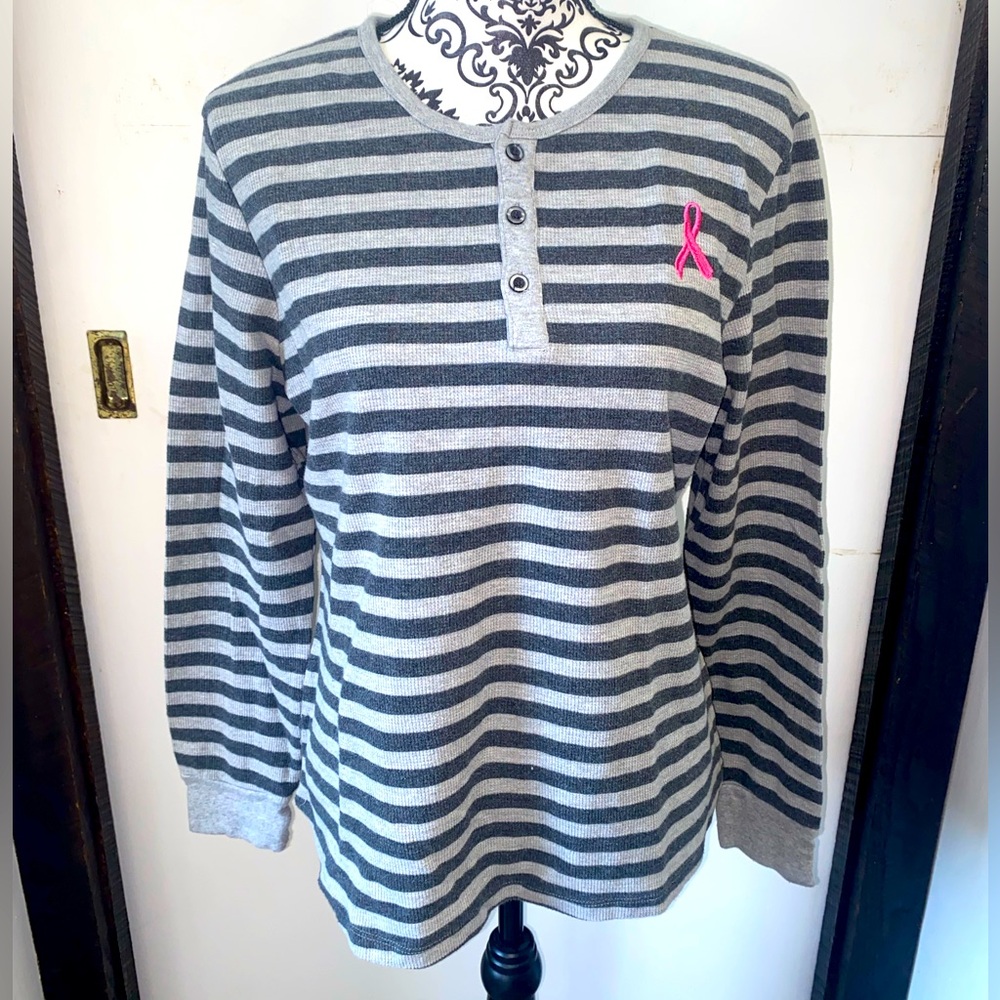 American Crown Size XL Two-Tone Grey Horizontal Striped Thermal Long Sleeve Top
